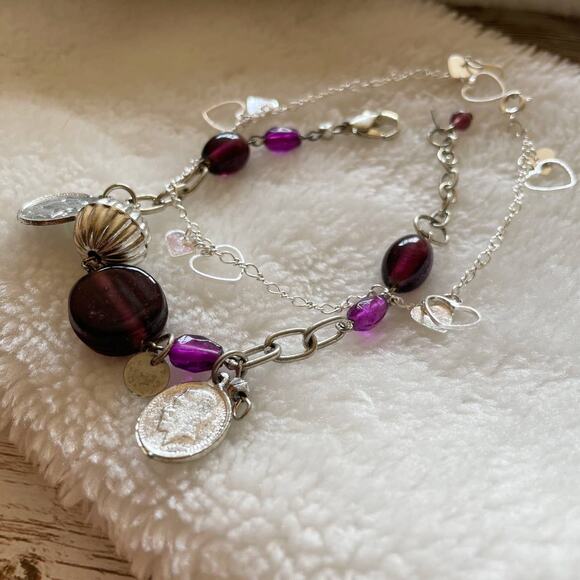 Express Beaded Charm Bracelet and Anklet Set Silver Tone Purple New - Picture 7 of 12